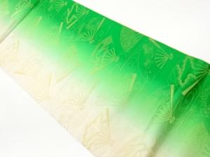 扇に雲・荒波・草花模様織出しリバーシブル全通袋帯